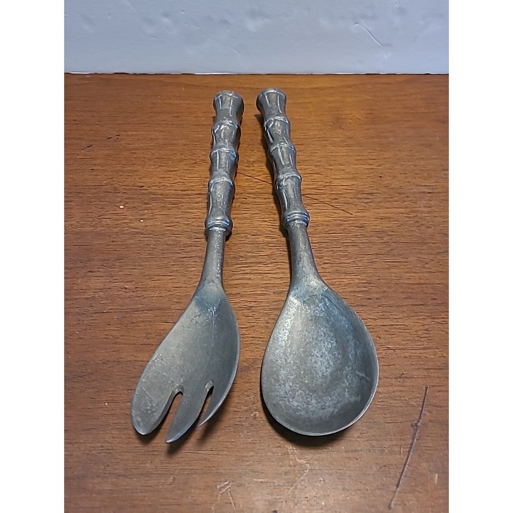 Vintage 10.5" Cast Aluminum Salad Serving‎ Utensils Faux Bamboo Handles